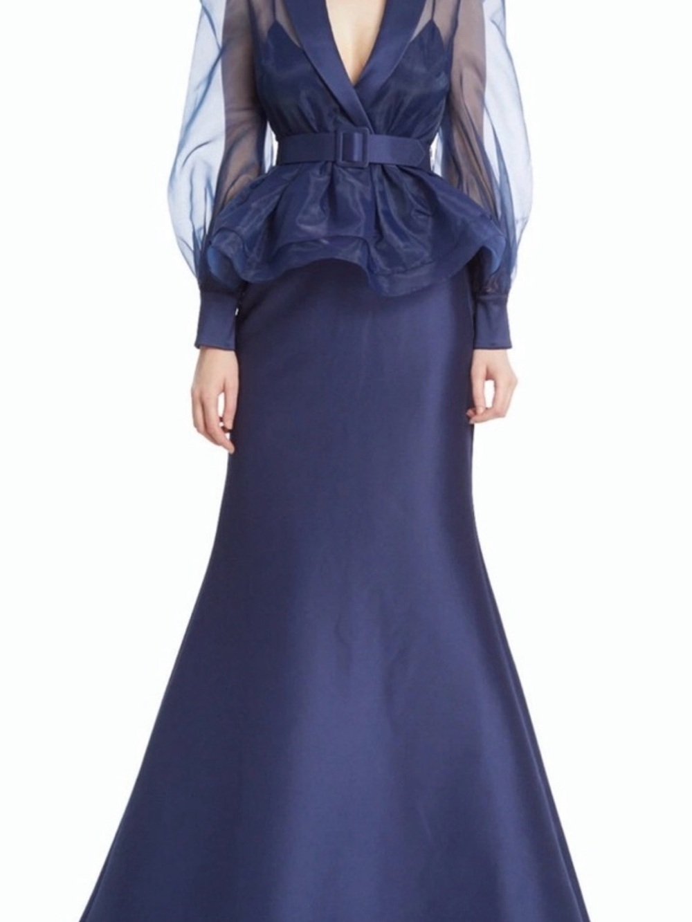 Badgley Mischka Navy Organza Peplum Evening Gown